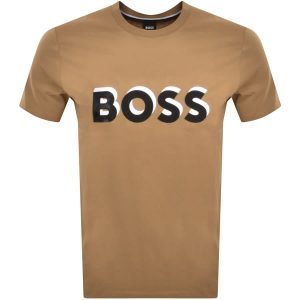 A brown T shirt with the BOSS logo across the chest