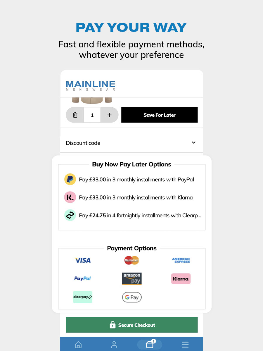 Mainline Menswear app payment options